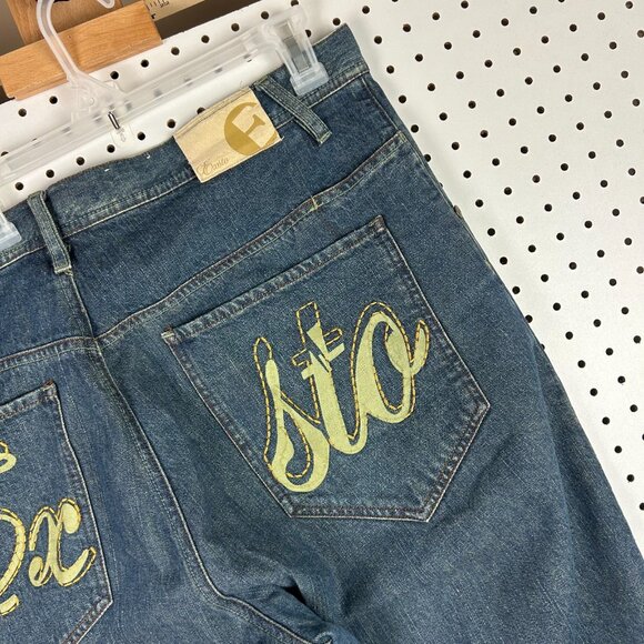 Y2K Baggy Jeans 40x34 Embroidered Grunge Streetwear Skate Wide Leg Denim Exsto - Picture 3 of 7